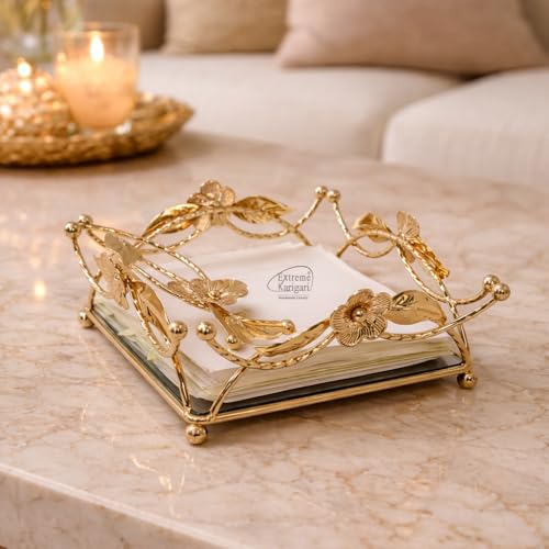 Image of Gold Floral Metal Napkin Holder with Mirror Base, Decorative Flower and Leaf Design, Elegant Table Decor