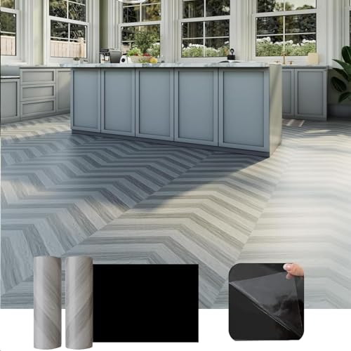 2 Rolls Cover 52 Sq.Ft Peel and Stick Floor Tile Roll 15.7” x 236”, Self Adhesive Vinyl Flooring Wood Grain Linoleum Flooring Tile DIY for Kitchen, Bathroom, Living Room, Light Grey Herringbone