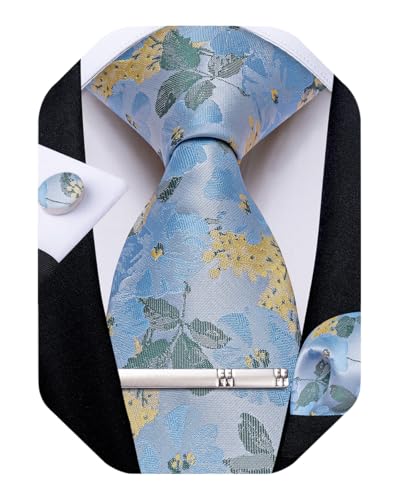Image of DiBanGu Silk Floral Ties for Men Woven Paisley Necktie and Tie Clip Handkerchief Cufflinks Set for Party Wedding