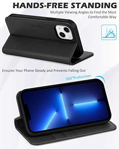 Shieldon Genuine Leather Wallet Case For Iphone 13 Mini 5G - Rfid Blocking, Magnetic Closure, Kickstand, Card Slots - Black #TOP4