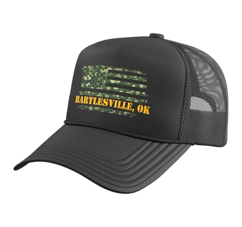 Bartlesville Oklahoma Camo Patriotic American Flag Trucker Hat with Adjustable Mesh Back, Black