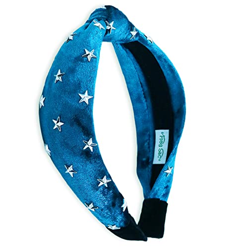 Frog Sac Star Studded Knot Headband For Girls, Blue Knotted Headbands For Kids, Cute Stud Hair Bands, Little Girl Velvet Hair Accessories, Silver Metal Stars Hairband, No Slip Fashion Head Band #TOP28
