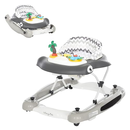 Image of Dream On Me Aloha Baby Walker, 2-in-1 Foldable Infant Activity Walker with Adjustable Height, Musical Toy Tray, Padded Seat & Removable Foot Mat, Compact Folding Design for Babies 6–36 Months - Grey