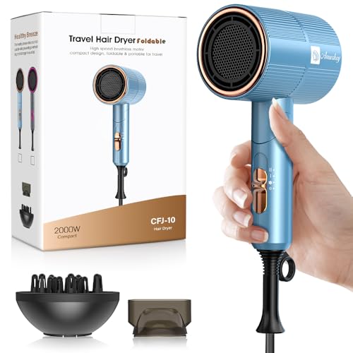 Secador de Pelo Iónico Amurhey con Flujo de Aire de 24 m/s– Ligero y Plegable (aprox. 250 g) – Secador de Viaje de 2000 W con Difusor y Concentrador – Hair Dryer con 110,000 RPM Motor Sin Escobillas