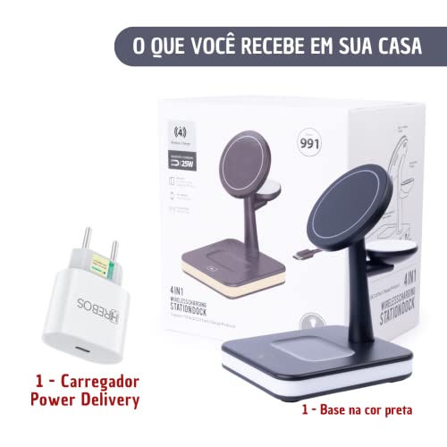 Estação de Carregamento Sem Fio 3 em 1 Compatível com Magsafe iPhone 12/13/14 + Fonte PD (Preto)