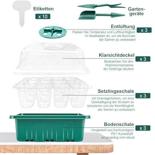 Mini Gewächshaus Anzucht, 3 Stück Zimmergewächshaus Anzuchtkasten, Setzling Starter Tabletts, Treibhaus Anzuchtschalen mit Deckel Belüftung