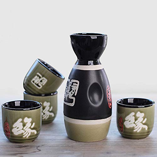 Corelife Sake Set, 5-Piece Traditional Ceramic Japanese Sake Set With 1 Sake Serving Bottle And 4 Sake Cups - Engraved By Hand Design #TOP1