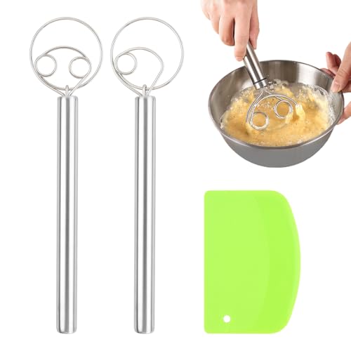 2 Piezas Batidor de Masa Danés en Acero Inoxidable + 1 Cortador de Masa en PP, Mezclador Manual, Herramienta de Mezcladora de Pan, Varillas Danesa, Danish Dough Whisk para Pizza Pasteles Postres