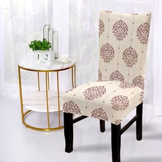 BRIDA® Polyester Spandex Stretchable Floral Geometric Printed Dining Chair Covers Elastic Chair Seat Case Protector, Slipcovers (4 Chair Cover, Damask Beige)