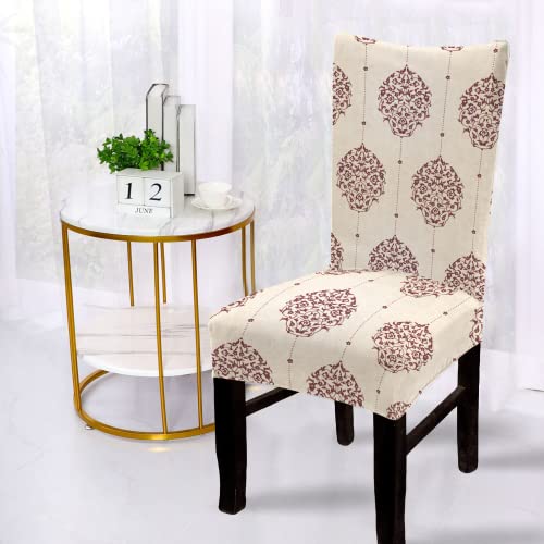 BRIDA® Polyester Spandex Stretchable Floral Geometric Printed Dining Chair Covers Elastic Chair Seat Case Protector, Slipcovers (4 Chair Cover, Damask Beige)