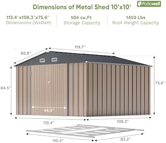 Patiowell 10 x 10 FT Outdoor Storage Shed with Floor Frame, Metal Yard Shed with Design of Lockable Doors, Utility and Tool Storage for Garden, Patio, Backyard, Outside use, Brown