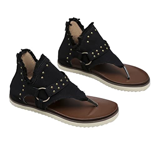 Women's Clip-Toe Flip Flops Studded Canvas Flat Sandals,Summer Fashion Buckle-Strap Back Zipper Orthopedic Open Toe Flops,Casual Fringe Boho Comfy Slip on Beach Slippers