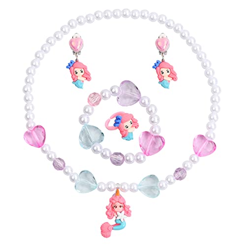 Xzeemo 5 Pièces Ensemble de Bijoux de Sirène, Ensembles de Collier et Bracelet Sirène, Collier et Bracelet en Perles pour Enfants, Enfants Fille bagues Boucles d'oreilles Clip Bracelet (Rose) Cover