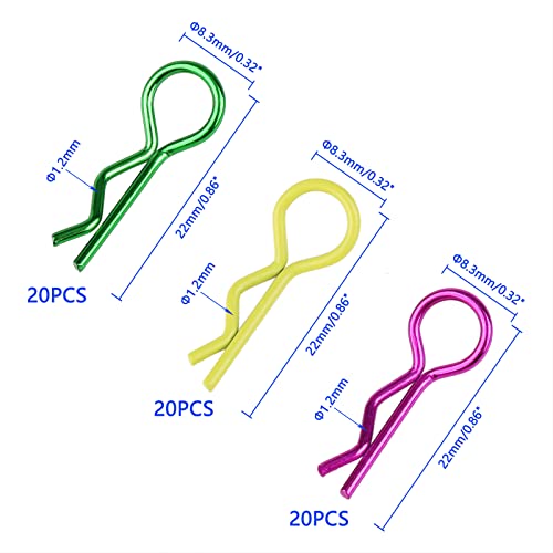 Rchobbytop 60Pcs Rc Body Clips Universal R Pins For 1/8 1/10 Scale On Road Car Off Road Buggy Rock Crawler Truck Short Course Shell, Purple & Yellow & Green #TOP1