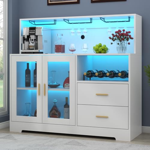 Image of Bar Cabinet for Home with LED Light,Coffee Bar Cabinet w / Wine & Glass Rack | Wine Cabinets with Storage Cabinet &Drawers, Modern Liquor Cabinets for Kitchen, Living Room, Dining Room (White)