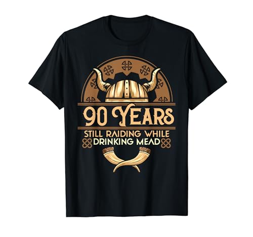 Cool Viking 90th Birthday Shirt with a Viking Drinking Horn for your husband, Father or Grandfather getting 90 years old. Perfect Birthday Present for every Fan of the Nordic Mythology. 