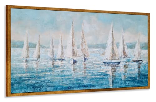 Yihui Arts Sailing Ship Canvas Wall Art - Coastal Painting Boat Pictures Abstract Beach Ocean Artwork with Floating Framed Hand Painted Textured for Living Room Bedroom Bathroom Decor by Yihui Arts - Image 3