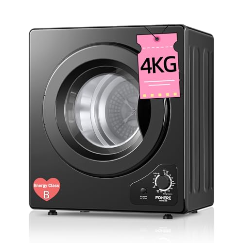 4KG Tumble Dryer, FOHERE 1200W Compact Vented Tumble Dryer, 5 Auto Drying Mode, with Sensor, Exhaust Duct & Stainless Steel Tub, for Apartment, Home, Dorm, Black