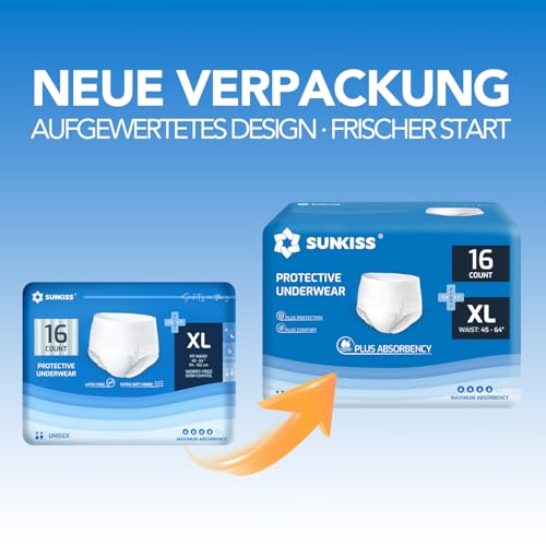 SUNKISS TrustPlus Inkontinenz Pants für Erwachsene, Saugfähige Windelhosen mit Elastischen Bündchen für Männer und Frauen, Diskreter Auslaufschutz bei Blasenschwäche, Größe XL, 16 Stück