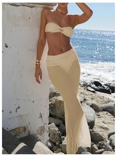 GORGLITTER Women's Strapless Bikini Star Decor Bandeau Swimsuits with Mesh Ruched Beach Cover Up Skirt Bathing Suit3