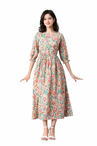 Image of Ichaa Women's Aqua Rayon Printed Maternity Dress with Feeding Zips and Pocket, in Plus Sizes