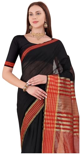 Sidhidata Women's Chanderi Cotton Saree With Unstitched Blouse Piecee (White Golden Boarder)