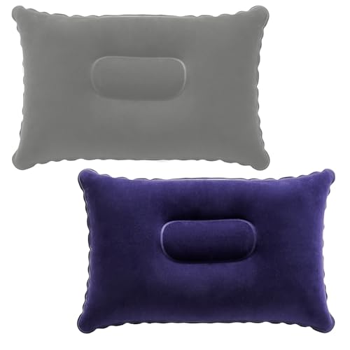 Fascetta Inflatable Pillow for Camping 2 Pack Ultralight Compact Portable Compressible Blow Up Soft Flocked Surface Pillow for Hiking Travel Outdoor Fishing Airplane Car Office Beach Sunbed Blue+Gray