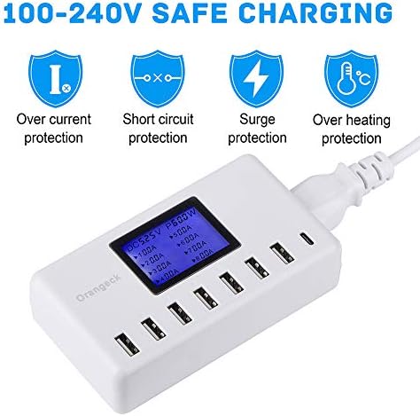 Orangeck USB Charger, 60W 8-Port Desktop Charging Station, Multi-Port USB Charger with LCD Digital Display, USB Wall Charger for iPhone XS XR XS MAX, iPad, Samsung Galaxy, Android Phones