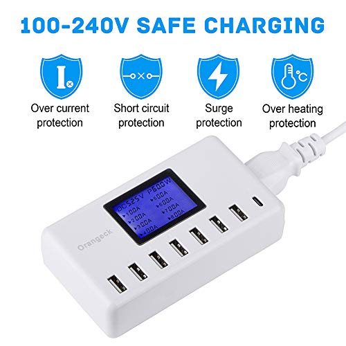 Orangeck 60W 8-Port Desktop USB Charging Station With LCD Digital Display for iPhone, iPad, Samsung Galaxy, Android Phones