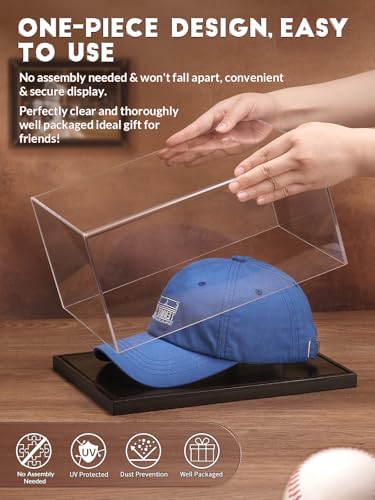Image of JupDec Hat Display Case, Clear Acrylic Baseball Cap Display Box Stand, UV Protection Signed Hat Transparent Showcase with Solid Wood Base Risers & Hat Shaper, Ideal Gift for Caps Collector, Black
