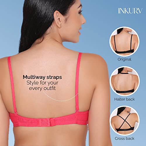 Image of INKURV Cotton Rich Padded T-Shirt Bra for Women, Seamless, Non-Wired with Detachable Straps, Sweet Heart Neckline, Everyday Bra 3 /4th Coverage with no spillage- ROMI Combo of 2