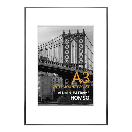 Homso A3 Frame in Black, Metal Thin Board A3 Picture Frame with Acrylic Plexiglass for Pictures A4 with Mat or 11.7 x 16.5 without Mat for Horizontal and Vertical