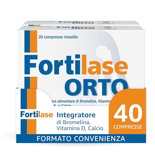 Fortilase Orto, 40 Compresse, Integratore Alimentare di Bromelina, Vitamina D3, Vitamina K2 e Calcio, Supporta il Sistema Osseo e Articolare, 2 Confezioni da 20 Compresse