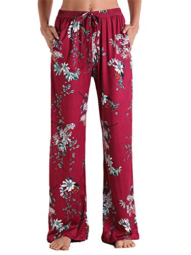 Frobukio Pantalon de pyjama taille haute pour femme imprimé floral avec poche latérale - Rouge - X-Large Cover