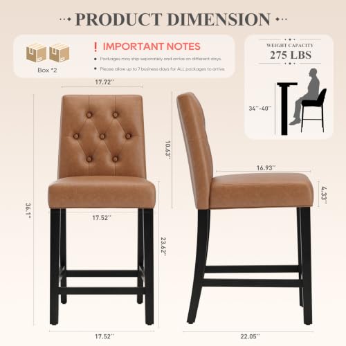 Image of MALOL Bar Stools Set of 2 Faux Leather Counter Height Bar Stools,Lightbrown