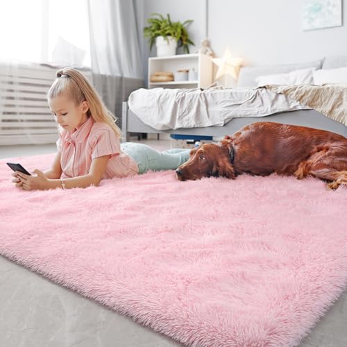 HOMORE Pink Rug for Girls, 5x8 Fluffy Shag Rugs for Living Room, Soft Bedroom Rugs for Kids Room, Cute Carpets for Dorm, Furry Rug for Nursery Indoor Decor