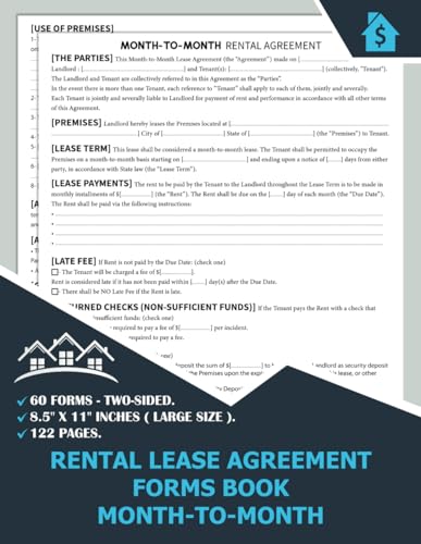 Rental Lease Agreement Forms Book (60 Forms / 2 Pages per form) | Month-to-Month Rental Lease Agreement Between Tenant and Landlord | rental ... Forms | 8.5