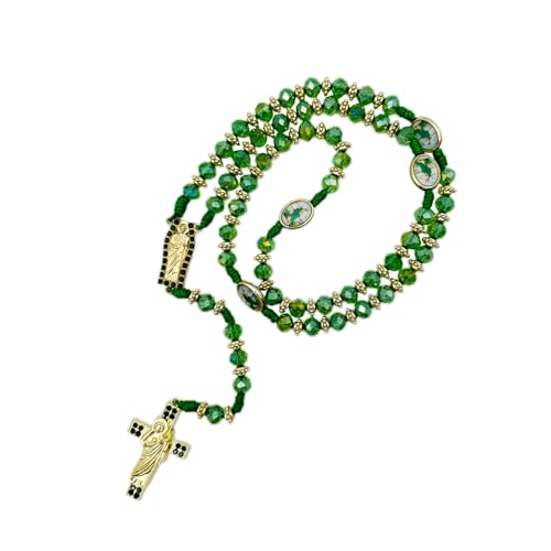 Exquisite Rosary Saint Jude Cross Pendant Mexican Necklace - Braided Cord Green Crystal beads Chain, Charm Accessories for Men and Women, Catholic St Jude Elegant Religious Jewelry Gift Idea