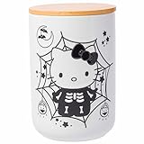 Silver Buffalo Sanrio Hello Kitty Halloween Spooky Skeleton Web Ceramic Cookie Snack Candy Jar with Airtight Bamboo Lid, Black and White (Small)