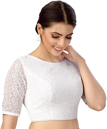 Studio Shringaar Women's Georgette Elbow Length Sleeve Chikankari Saree Blouse