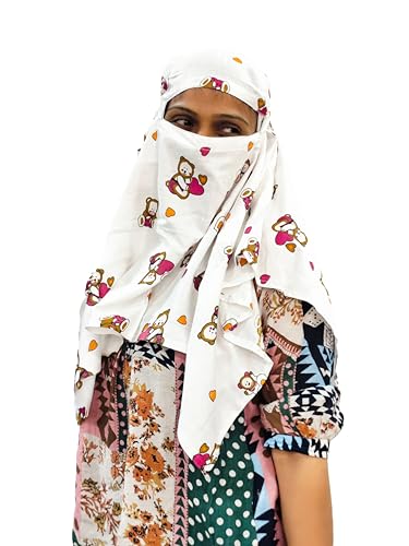 Image of Cotton Long Scarf Cum Mask Scarves Usable for Vehicle Driver | White Printed Design Fabric | Universal Size | Soft & Breathable Sun Protection | For Girl & Women