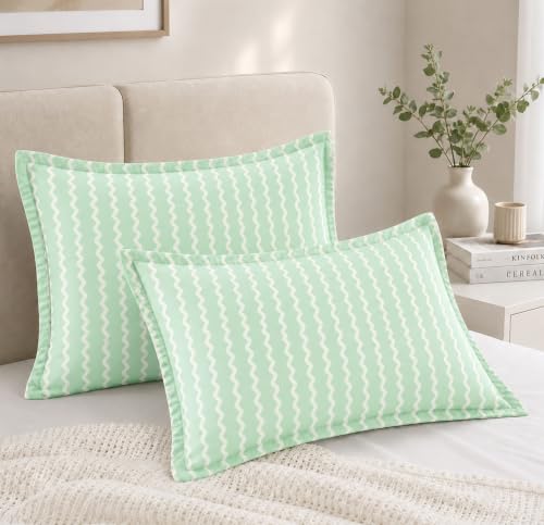 Image of VAS COLLECTIONS Premium 210 TC Cotton Satin Stripe Pillow Cover Set of 2 (18x28 Inches) | Hotel Quality Soft Breathable Pillow Cases | Pillow Covers for Home Hotel Hospital Use, Green & White