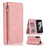 Asuwish Handyhülle für Samsung Galaxy Z Fold 3 5G Hülle mit Band Folie Schutzfolie Kartenfach Klappbar Leder Geldbörse Ständer ZFold3 Z3 Fold3 Handy Hüllen Schutzhülle Handyhüllen Phone Hülle Roségold