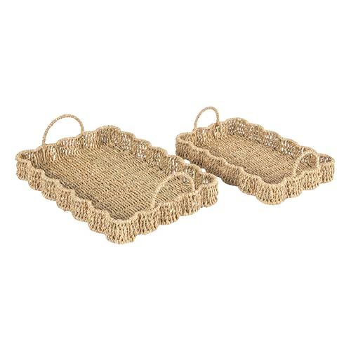 Household Essentials Woven Seagrass Scalloped Rectangular Trays, Set of 2, Natural