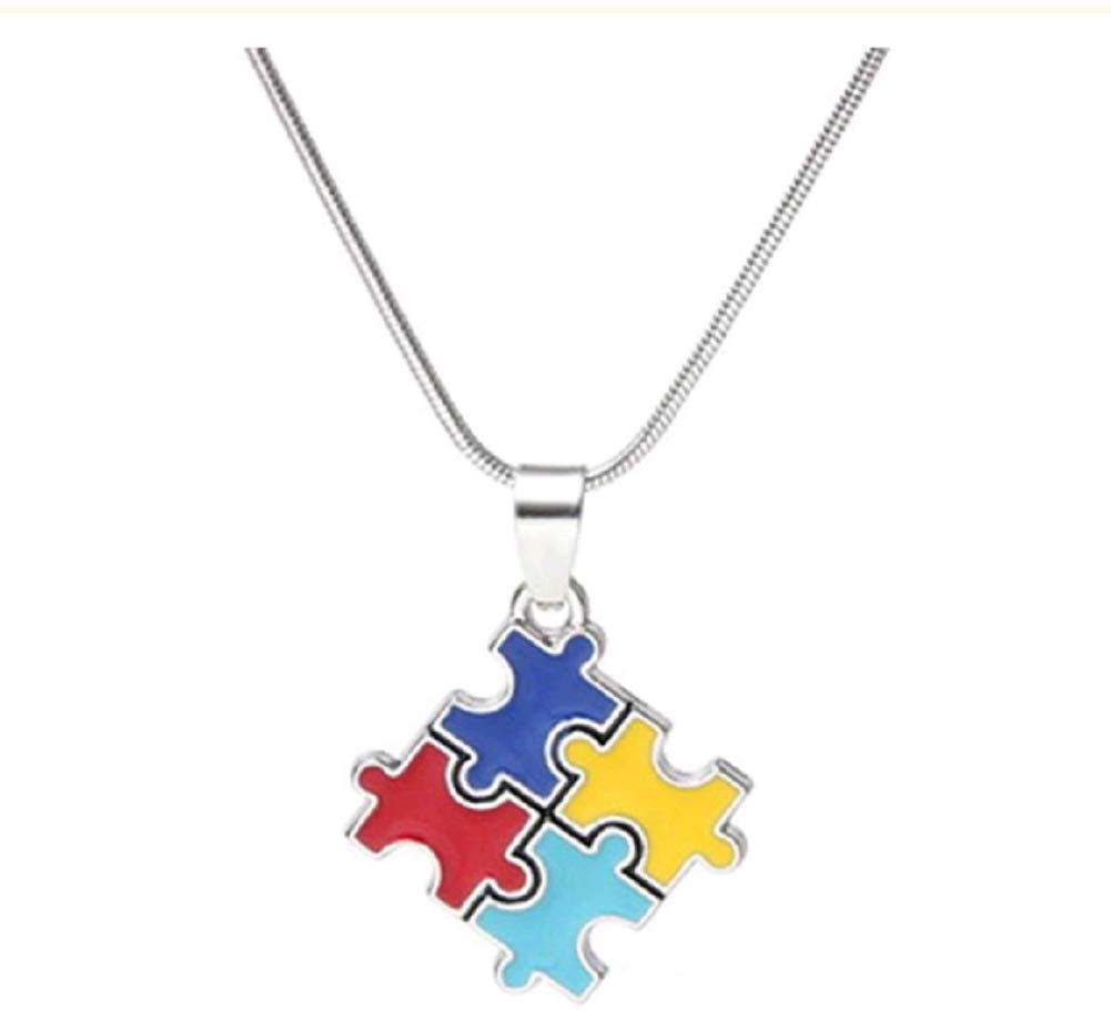 XIAOMEIJewelry Autism Awareness Square Puzzle Crystal Pendant Necklace Jewelry Autistic Unisex