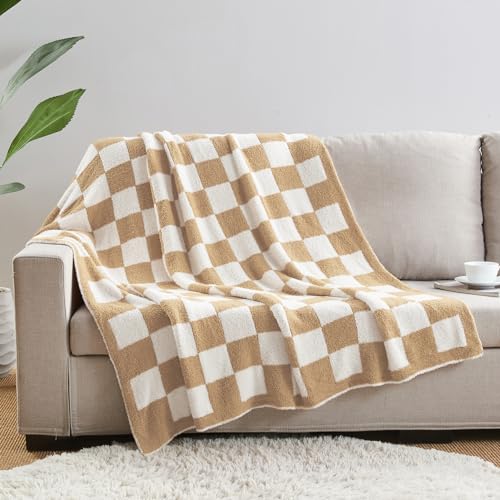 Image of CozeCube Beige White Reversible Checkered Knit Throw Blanket 60 inchx80 inch