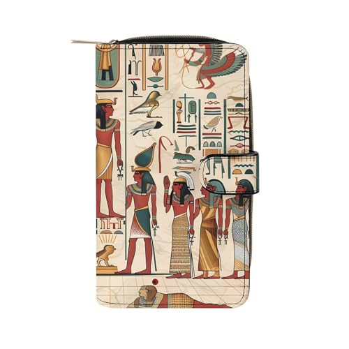 Vintage Ancient Egyptian Pharaoh Statue Leather Long Pouch Wallet for Men And Women Large Capacity Clutch Cash Wallet with Zippered