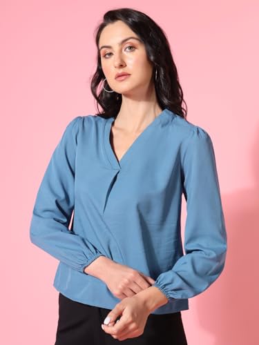 Image of THE DRY STATE Women's Rayon Casual Puff Sleeves Printed Multicolor Crop Top (S, Autumn Glory)