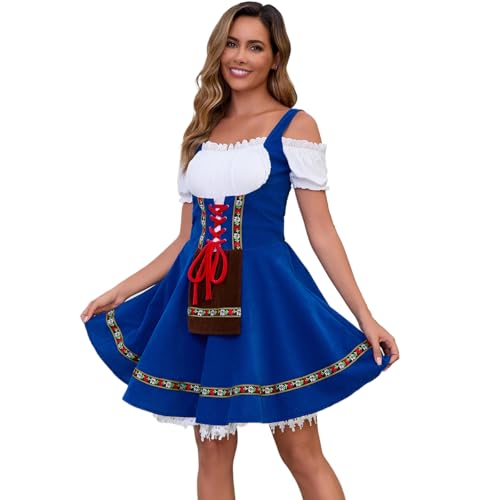 Populus Oktoberfest Outfits Women German Dirndl Dress(Blue,Large)
