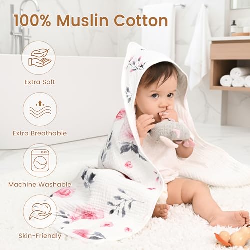 Image of david's kids 2 Pack Baby Hooded Towels, Large 32 inchx32 inch, 6 Layer 100% Muslin Cotton Absorbent Girl Bath Towel for Newborn, Infant and Toddler. Soft and Breathable Baby Essentials, Pink Floral&Rose